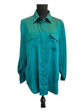 Women’s teal aquamarine satin long roll tab  sleeve button front blouse Sz L